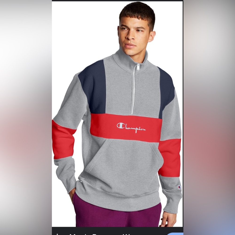 Champion Men's Small Reverse Weave Colorblock 1/2 Zip Mock Neck Sweatshi…